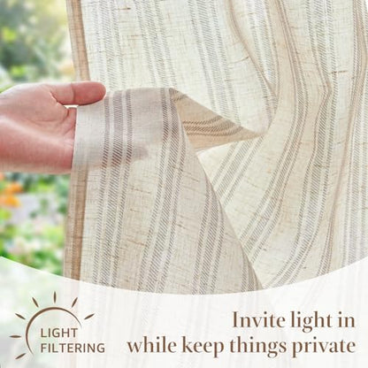 jinchan Linen Striped Tier Curtains for Kitchen Windows Farmhouse - color: Striped Grey | on Beige, size: 26"W x 24"L (Pack of 2)