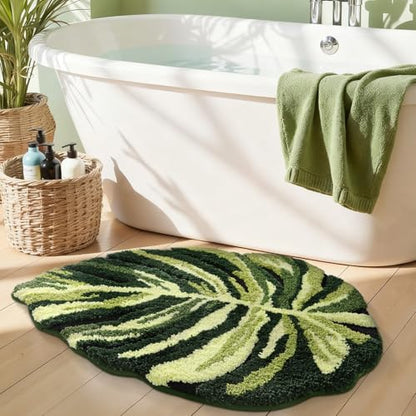 LUMI Cute Bathroom Rug Green Leaf, Absorbent Non Slip Bath Mat, 24"x32" - color: Dark Monstera
