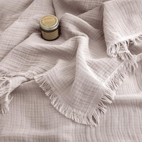 FOSSA Muslin Blanket 4-Layer 100% Cotton Gauze Blanket with Fringe 50"x70" - color: Greyish Pink, size: Throw XL (50" × 70")