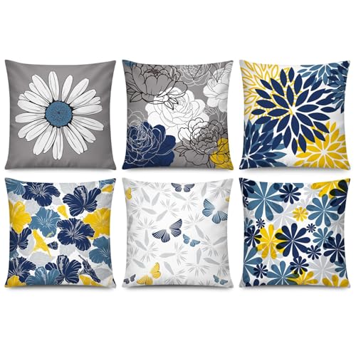 Navy Yellow Throw Pillow Covers 16x16 Set 6 Farmhouse Floral Home Decor - color: Navy Blue Orange, size: 16" x 16" (Pack of 6)