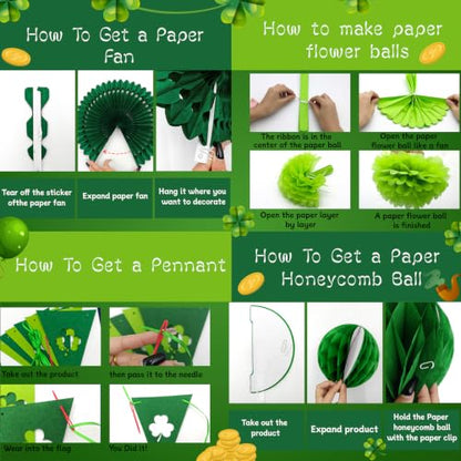 24 Pcs Green Birthday Decorations Kit, Paper Fans Pom Poms Banner 8-16 in - color: Green 2