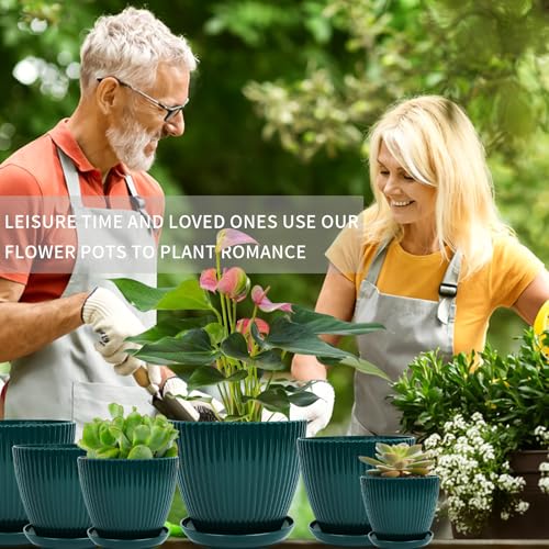 Plant Pots Indoor with Saucers & Drainage - 6 Pack Flower Pots - Plastic Planters for Indoor Planter - 7.5/6.6/5.8/5.0/4.3/3.5 inches Sizes for All Different Types of Plants-Dark Green - color: Dark Green