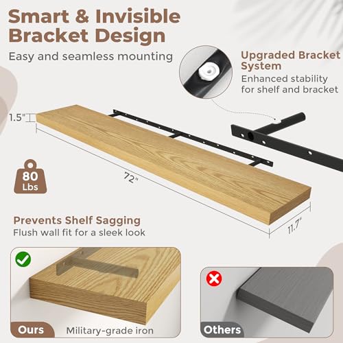 72 Inch Floating Shelves, 12"Deep Wall Shelf, 80 Lbs Capacity, Oak, 2pcs - color: Oak, size: 72"Wx12"Dx1.5"H