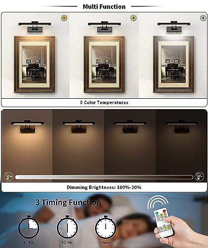 Battery Operated Picture Light Wireless, 12in Dimmable Gallery Light Rechargeable Black Picture Lights for Wall, Swing Arm Art Light with Remote Control & Timed Settings - color: Model B-Black