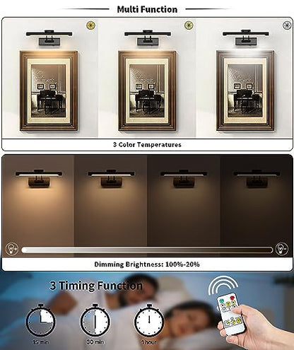 Battery Operated Picture Light Wireless, 12in Dimmable Gallery Light Rechargeable Black Picture Lights for Wall, Swing Arm Art Light with Remote Control & Timed Settings - color: Model B-Black