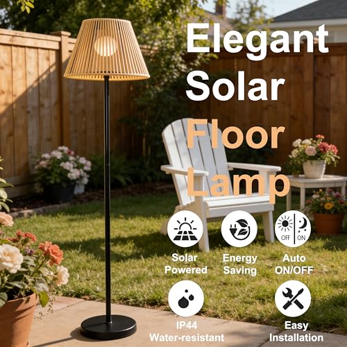 Solar Outdoor Floor Lamp with Rattan Shade, Adjustable Height