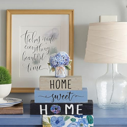 Cinnvoice 4 Pcs Farmhouse Wooden Tabletop Decor Blue Hydrangea Tiered Tray - style: Blue Hydrangea