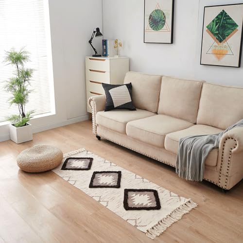Boho Runner Rug 2'x5', Washable Hallway Rug Runner Non Slip Rubber Backed, Kitchen Farmhouse Area Rug Floor Mat with Tassels, Tufted Woven Cotton Entryway Carpet, Brown - color: Brown, size: 2' x 5' (Runner)