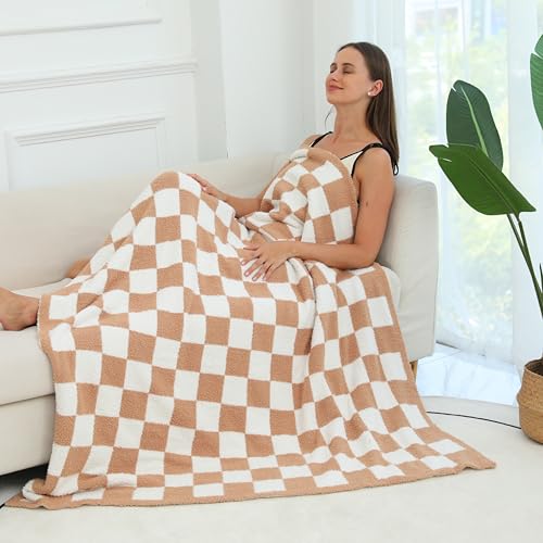 Ultra Soft Checkered Blanket Cozy Buffalo Check Throw Fluffy Knitted Reversible Throw Blanket Lightweight Fleece Checkerboard Grid Blanket for Sofa Couch Bed Travel, Orange Khaki, 51''x63'' - color: Orange Khaki
