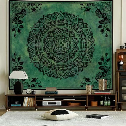 Green Boho Mandala Tapestry for Bedroom, Large Hippie Ceiling Wall Hanging - color: Green Tapestry, size: 90"L x 71"W