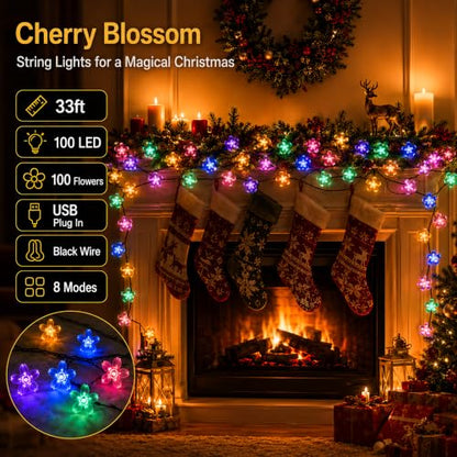 Pastel Easter Flower String Lights, 33ft 100 LED USB Powered with Timer - color: Multicolor
