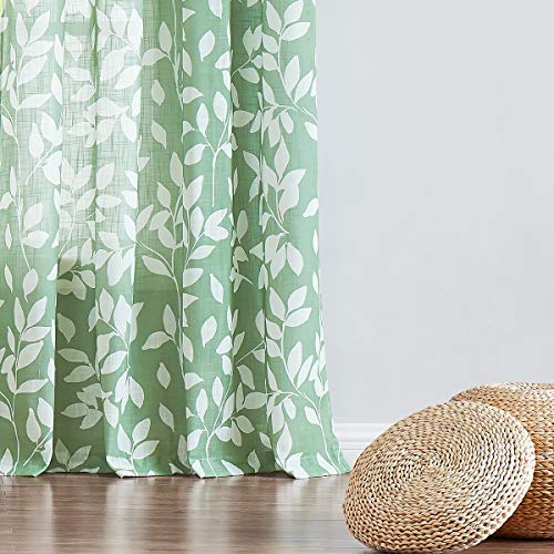 Leaf Print Semi Sheer Curtains 95" Green White Bedroom Drapes Panels 2pk - color: Green, size: 52"W x 95"L (Pack of 2)