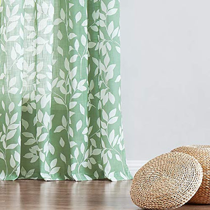 Leaf Print Semi Sheer Curtains 95" Green White Bedroom Drapes Panels 2pk - color: Green, size: 52"W x 95"L (Pack of 2)
