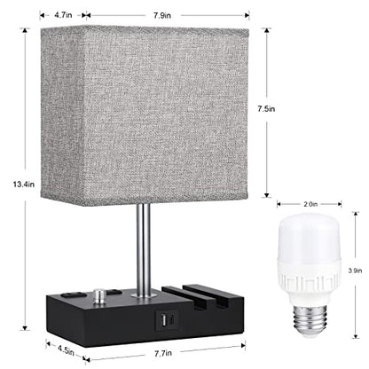 Bedside Table Lamp for Bedroom Nightstand - Stepless Dimmable, 2 AC Outlets - color: Wood Grain, size: 1 Pack