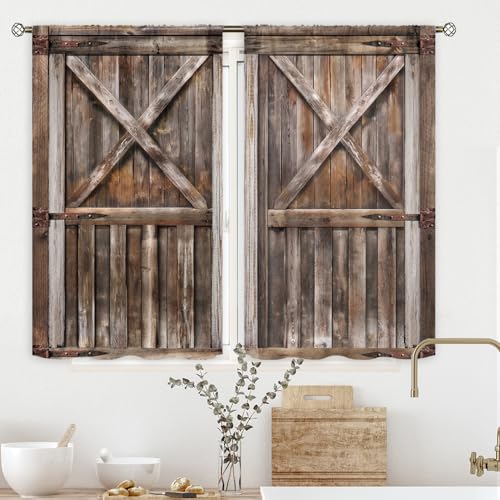 Wooden Rustic Barn Door Brown Wood Farmhouse Kitchen Curtains over Sink - color: E-brown, size: 27.5"W x 39"L (Pack of 2)