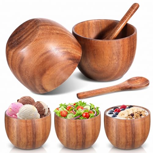 4 Pack Acacia Wooden Bowl with 4 Pcs Spoon Wooden Dipping Bowls Round Wood Salad Hand Carved Calabash Dip Tray for Condiments, Jam, Nuts, Appetizer, Snack, Yogurt, Ketchup, Barbecue Sauce(3 Inch) - size: 3 Inch