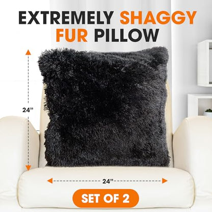 Cheer Collection Throw Pillows for Couch and Bed, Soft Shaggy Throw Pillows with Inserts Included, Cozy Long Hair Faux Fur Pillows - Set of 2-24" x 24" Black - color: Black, size: 24" x 24"