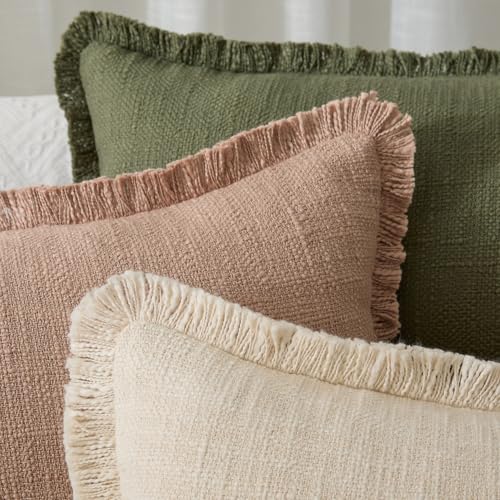100% Cotton 14x36 Inch Lumbar Pillow Cover with Fringe 1 Pack, Olive Green - color: A-olive Green, size: 36" x 14" (Pack of 1)