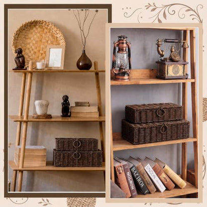 Hushee Set of 2 Wicker Storage Baskets with Lid Woven Wicker Storage Bins Woven Rattan Decorative Boxes with Lid for Shelf Organizer Coffee Table Bathroom Living Room Decor