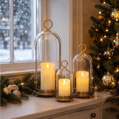 15", 9" & 7" Hurricane Candle Holders Set of 3, Gold & Glass - color: Gold