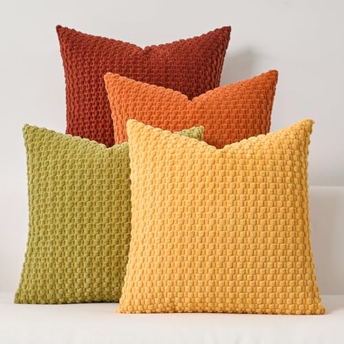 Kevin Textile Throw Pillow Covers Pack of 4 Super Soft Boho Corduroy Decor Pillow Cases Mix and Match Colors Plush Texture Accent Pillows for Sofa Couch Living Room Chair 18x18 Inch, Yellow/Green - color: A-yellow Green, size: 18" x 18" (Pack of 4)