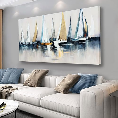 VHMING Wall Decorations Abstract Art Wall Decor Sailing Boat Wall Painting Artwork for Walls for Bedroom Living Room Decoration Home Kitchen Office 29" X 58" - color: Blue and White, size: 58"L x 29"W
