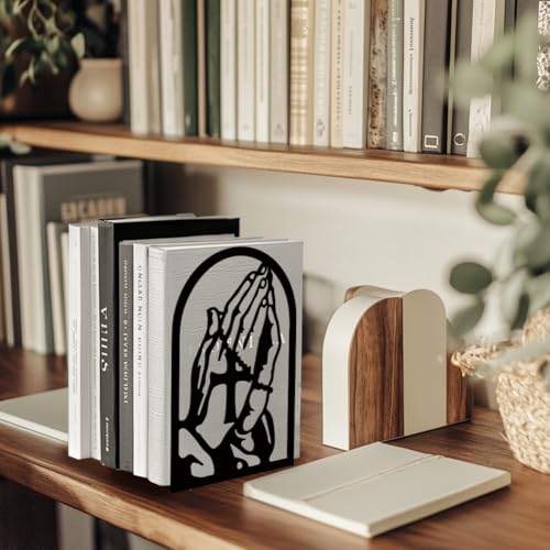 Peacoblue 4.7"x3.5"x7.87" Metal Bookends, Heavy Duty Book Ends for Shelves - style: Folded Hands and Cross