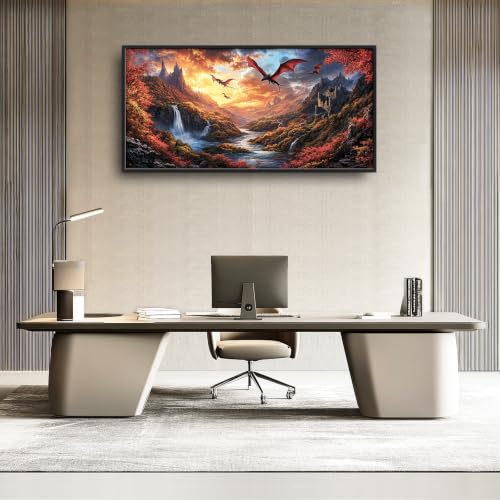 Voxlyra Framed Fall Mountain Dragon Wall Art for Living Room 60'' × 30'' - color: Dragon