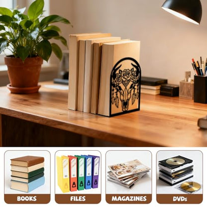 Peacoblue 5.3"x4.3"x7.9" Metal Bookends, Heavy Duty Book Ends for Shelves - style: Bohemia Bull Skull with Feathers