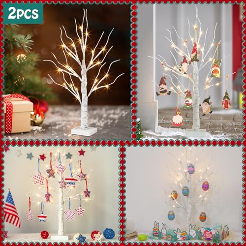 Vanthylit White Birch Tree with LED Lights - Set of 2, Tabletop Tree with Timer, Christmas Decorations Lighted Tree for Indoor Mantel Home Decor (2 FT, 24 LED) - size: 2pk Birch Tree