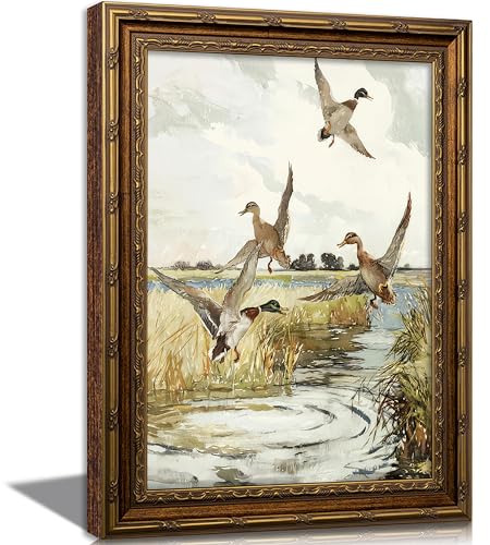 Vintage Gold Framed Flying Duck Canvas Wall Art Country Mallard Duck Wildlif Painting Picture Wall Decor Retro Rustic Landscape Poster Print Artwork for Living Room Bedroom Office Home Decoration - color: Duck, size: 24"L x 16"W