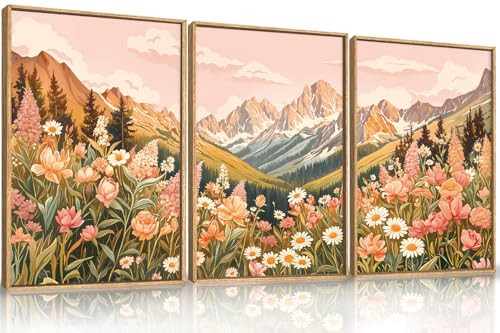 LHIUEM Large Abstract Colorful Mountain Framed Canvas Wall Art,Boho Pink Flower Wall Decor, Nature Wildflower Wall Painting,Bohemian Artwork for Living Room,Bedroom,Dining Room,Office -24"x36"x3 - color: Abstract Pink Mountain Wall Art, size: 24"x36"x3