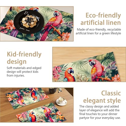 Placemats Set of 6, Tropical Parrot Forest Linen Placemats 12x18 Inch, Heat Resistant Table Mats, Washable Non Slip Place Mats for Dining Table Kitchen Home - color: Tropical Parrot Forest