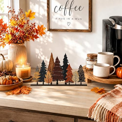 Smile Fall Thanksgiving Wooden Standing Decor, Autumn Forest Maple Pine Tree Tiered Tray Signs with Stands for Rustic Farmhouse Home Kitchen Shelf Decor - style: Fall Tree