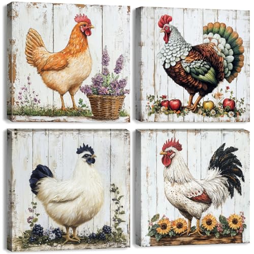 Farmhouse Chicken Wall Art Kitchen Decor Rooster Canvas Pictures Farm Chicken Coop Signs Wall Decor Vintage Hen Paintings Poster Farm Animals Themed Canvas Artwork for Home Decorations 12x12"4Pcs - color: Chicken, size: 12 x 12 in