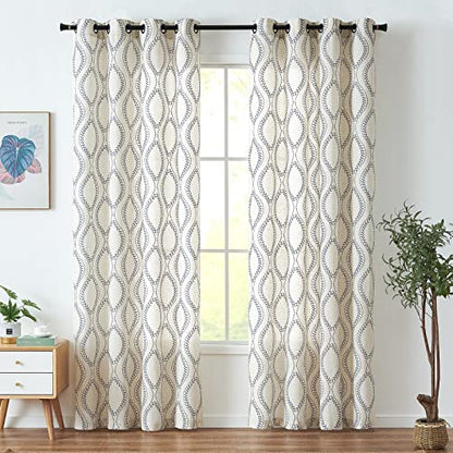 jinchan Boho Linen Curtains 63 Inch Blue on Beige Grommet 2 Panels - color: Vine Blue, size: 50"W x 84"L (Pack of 2)