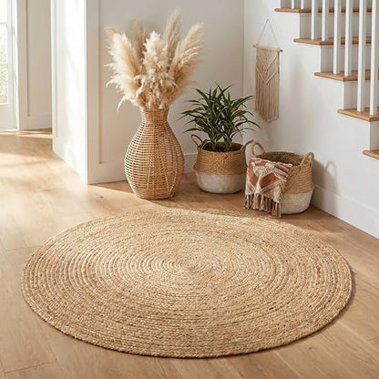 THE BEER VALLEY Jute Braided Area Rug, Natural, 4 Feet Round - color: Natural, size: 4' (Round)