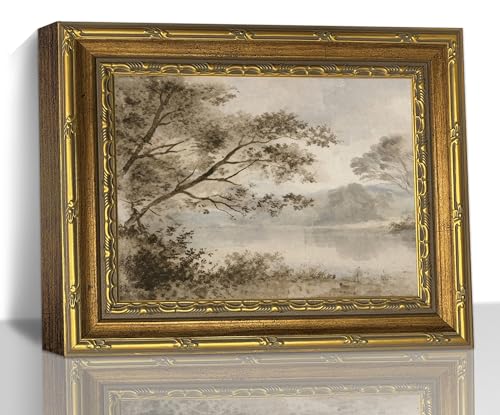 Vintage Tree and Lake Landscape Wall Art, Rustic Gold Framed Canvas Print - color: Sepia Landscape, size: 11"L x 9"W