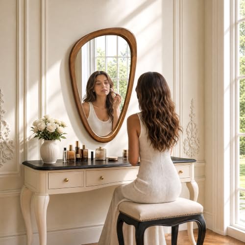 30" x 20" Asymmetrical Mirror, Solid Wood Frame, Irregular Design - color: Brown, size: 30"L x 20"W
