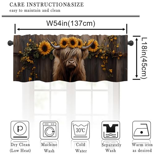 Highland Cow Sunflower Valance Curtains,Rod Pocket Valances for Windows,Small Window Treatment Valances for Kitchen,Living Room,Bedroom,Bathroom,Home Decor,18x54 Inch,1 Panel,Wood Board - color: Highland Cow01, size: 54"W x 18"L (Pack of 1)