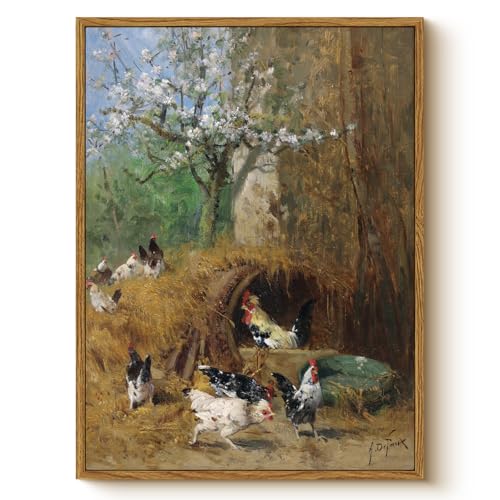 WHASAYART Rustic Farm Animal Framed Canvas Wall Art Countryside Print 12x16 - color: Farmhouse Chickens, size: 16"L x 12"W