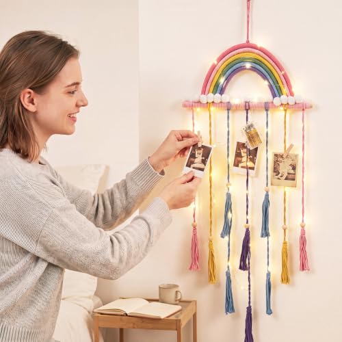 Rainbow Macrame Wall Decor Hanging Photo Display with Light Tassel