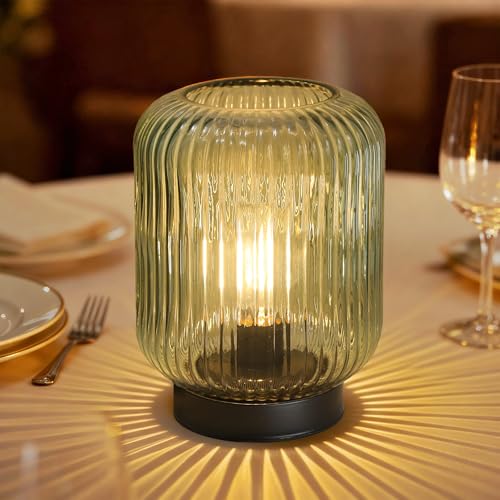 LUSHARBOR Battery Operated Lamp, Cordless Table Lamps for Home Decor, Battery Powered Nightlight with LED Bulb, Decorative Glass Beside Lamp for Bedroom Living Room-Green - color: Ribbed-Sage Green