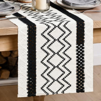 Artoid Mode Black Stripe Diamond Woven Table Runner 12x36 Inch - color: Black, size: 12" x 36", Table Runner