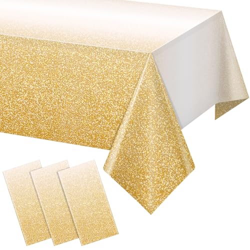 FunnyPars 3 Pack Ombre Gold Plastic Tablecloth for Parties, Gradient Yellow Gold Disposable Tablecloths for Rectangle Tables, Light Gold Table Cover for Wedding Birthday Anniversary Party, 54x108Inch - color: Gold, size: 108" x 54" (3 Pack)