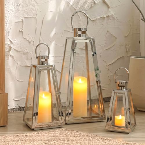 TRIROCKS Set of 3 Stainless Steel Candle Lantern 21''&16''&11'' High Metal Candle Holder with Tempered Glass Panels for Christmas Home Decor Living Room Parties Events Indoors Outdoors (Silver - color: Silver