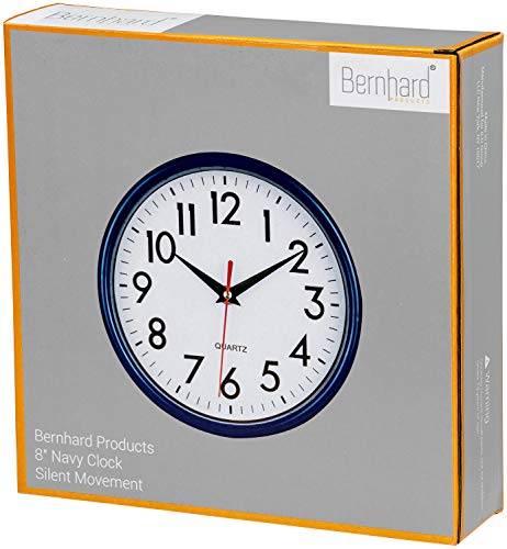 Bernhard Products Navy Blue Wall Clock 8" Silent Non-Ticking Quality Quartz Battery Operated Small Clock for Boys/Kitchen/Classroom/Office/Nursery Room Easy to Read - color: Navy Blue
