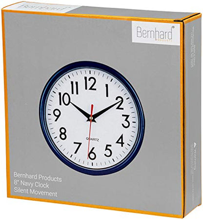 Bernhard Products Navy Blue Wall Clock 8" Silent Non-Ticking Quality Quartz Battery Operated Small Clock for Boys/Kitchen/Classroom/Office/Nursery Room Easy to Read - color: Navy Blue
