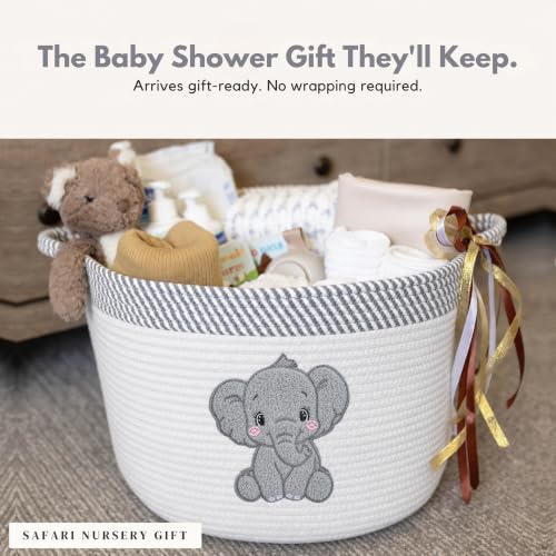 Elephant Baby Storage Basket, Woven Cotton Rope Nursery Bin, 15x11 in - color: Neutral Elephant