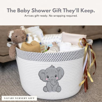 Elephant Baby Storage Basket, Woven Cotton Rope Nursery Bin, 15x11 in - color: Neutral Elephant